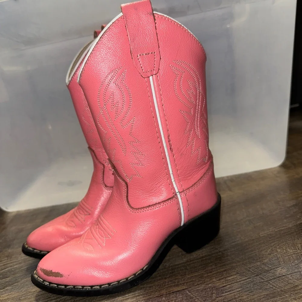 Old West Girls Cowboy Boots Size 11 D Pink Leather Western Cowgirl J Toe 8119
